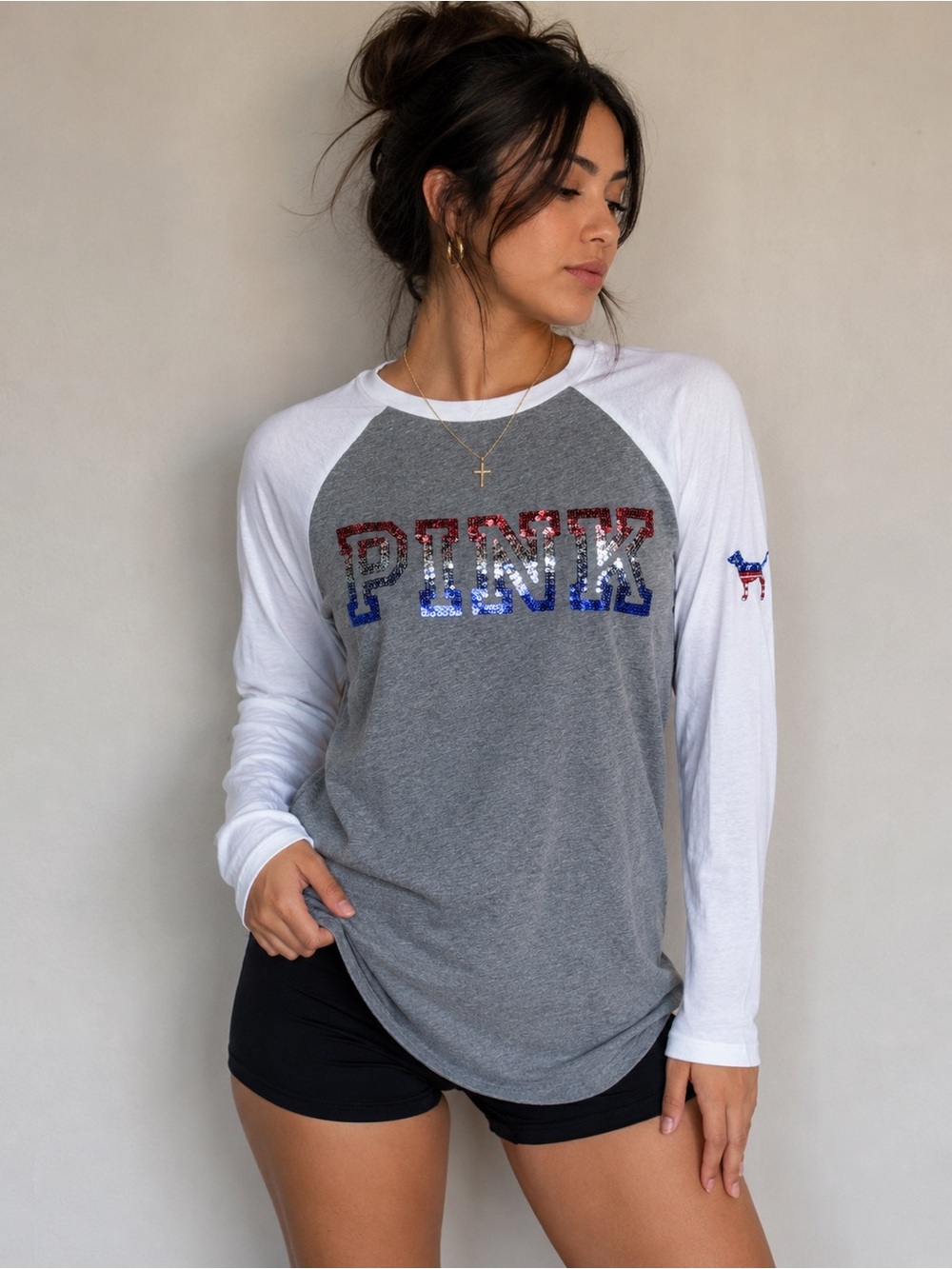 PINK Victoria’s Secret Sequin Raglan Long Sleeve Tee Gray White XS